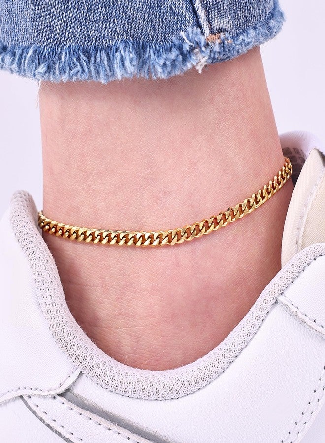 Fiusem 14k Gold Plated Anklet for Women, 3.5mm Stainless Steel Cuban link Chain Anklets for Women, Women's Anklets 10" - Image 2